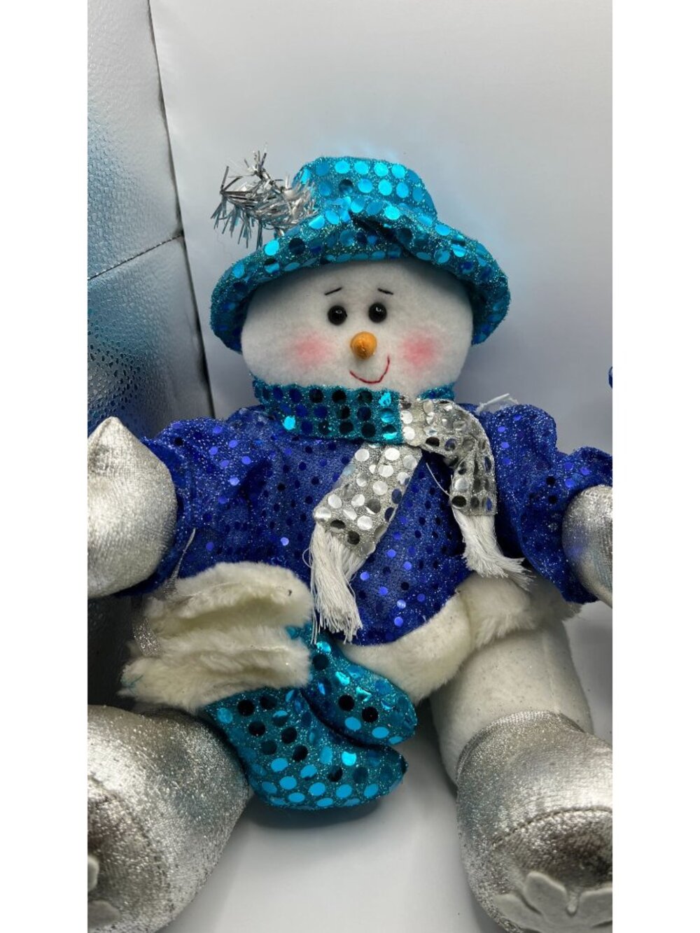 Snowman & Santa Plush Set With Blue Sequin Outfits & Silver Accents By Sun Point - Picture 4 of 6